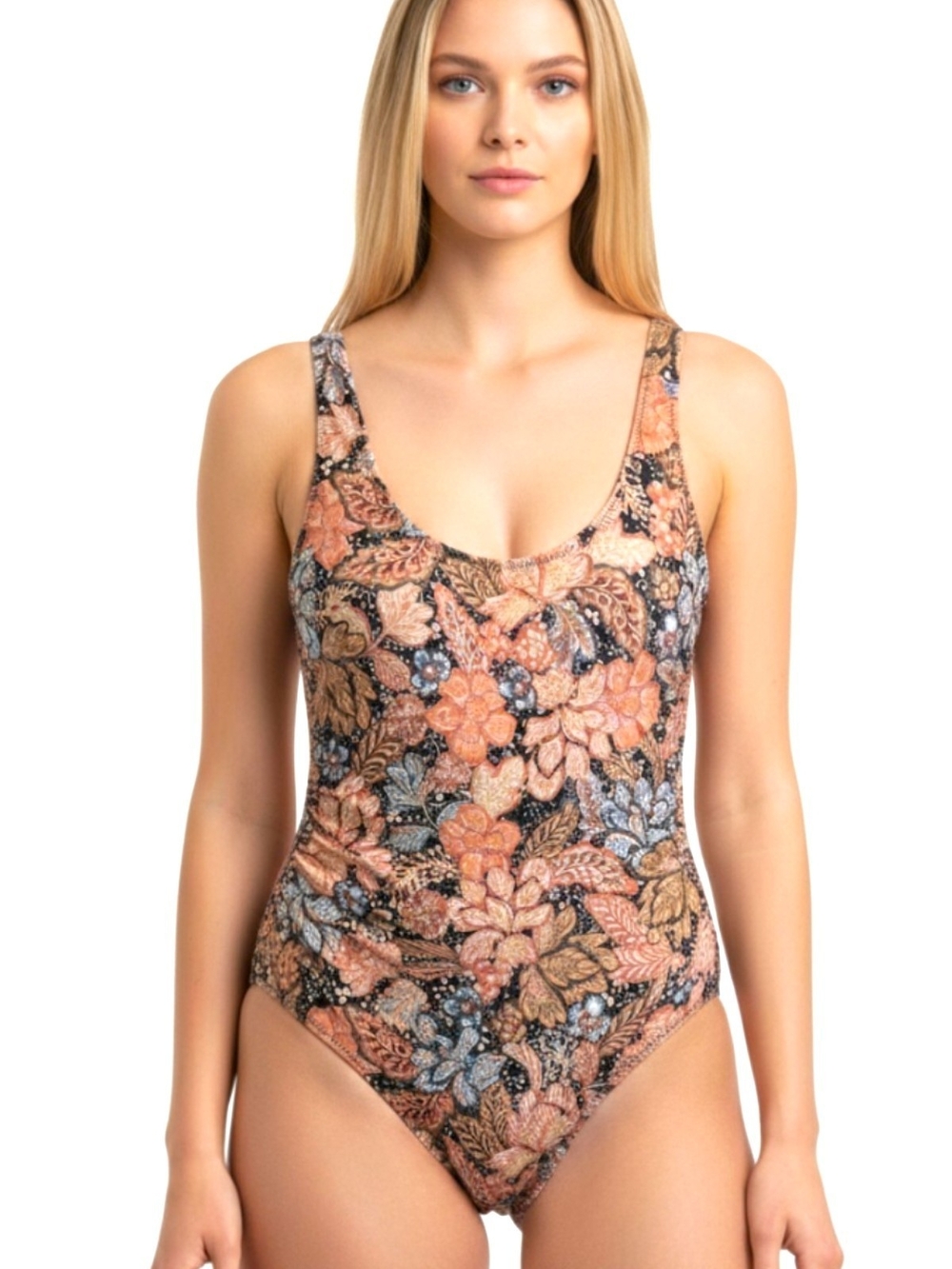 A Pea in the Pod Peach and Black Floral Scoop One-Piece Swimsuit PRE-PREGNANCY M
